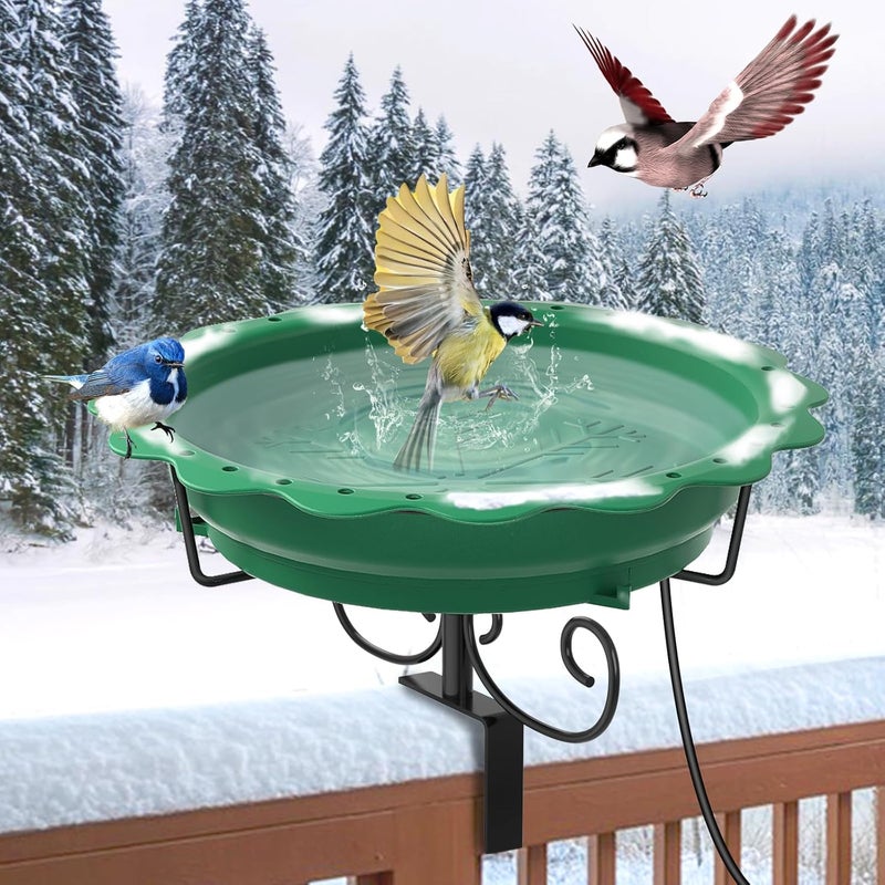 We-buys Heated Bird Baths for Outdoors, 100W Heated Bird Bath for Deck Railing, Heated Birdbath with Thermostat Control, Heated Bird Bath for Outside Winter Garden Patio Yard (Green) - Image 1